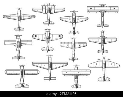 Icônes de plan, avion et avion rétro hélice, vue de dessus de vecteur. Symboles d'avion et types d'avion avec moteurs à hélice et pont de cockpit pilote, c Illustration de Vecteur