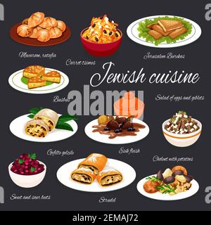 Cuisine juive viande, plats de légumes avec desserts, vetor nourriture. Fécule de pomme de terre et bœuf aux pruneaux, abats de poulet et salades de betteraves, strudel aux pommes, Illustration de Vecteur