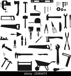 Icônes de silhouettes vectorielles pour outils de travail, construction, réparation à domicile et menuiserie. Outils de construction pour le travail du bois et le bricolage, meuleuse et marteau pour l'équipement de handyman, d Illustration de Vecteur