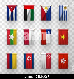 Drapeaux réalistes vecteur 3d icônes Birmanie, Colombie et Chili, Uruguay, Cuba, eau. Pologne, Philippines et Singapour, Hong Kong, Corée du Nord de la RPDC, Vietnam Illustration de Vecteur