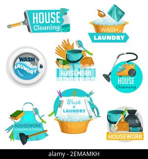 Icônes de vecteur de service de nettoyage et d'entretien ménager de la maison. Outils de nettoyage pour la lessive et les travaux ménagers, grattoir et détergent pour lave-glace, aspirateur et fer à repasser Illustration de Vecteur