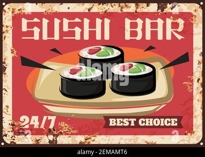 Bar à sushis repas métal rouillé. Petits pains à sushis Maki avec riz, algues nori, viande de saumon et avocat sur plaque rectangulaire en céramique. Cuisine japonaise res Illustration de Vecteur