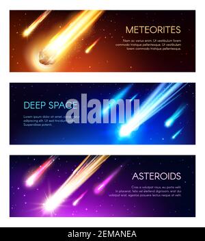 Bannières Galaxy pour espace extérieur. Les météores vectoriels, les météorites et les astéroïdes tombent. Univers spatial, météores et comètes avec des sentiers de lumière de néon étincelante tombant Illustration de Vecteur