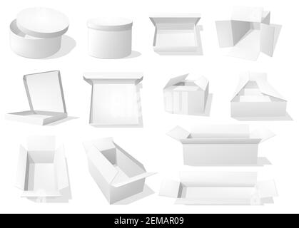 Boîtes de papier blanc, emballages vides de produits vierges, modèles de maquette vectoriels réalistes. Carton blanc carré et rond, rectangulaire et étroit bo Illustration de Vecteur