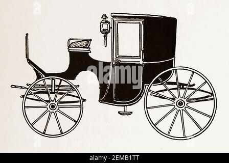 VOITURES DE CHEVAUX ET VOITURES ANCIENNES (en usage sur les routes britanniques) ---- une illustration presque d'un Brougham Banque D'Images