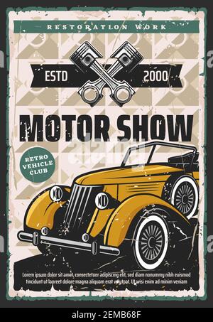 Affiche rétro vecteur de spectacle de moteur. Voitures d'époque et restauration de véhicules rares, course, exposition automobile et musée. Service de restauration d'une vieille voiture a Illustration de Vecteur