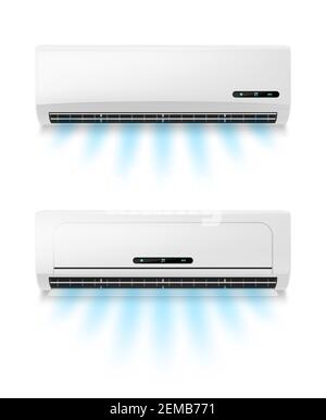 Climatiseurs, maquette de vecteur d'équipement de climatisation réaliste. Le travail et le soufflage du froid frais circule à travers les évents, le climatiseur de la salle de refroidissement Illustration de Vecteur