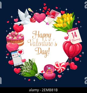 Joyeux Saint Valentin cadre floral de coeurs, roses et fleurs de tulipe et des flèches pétillantes de cupidon. Vector Saint Valentin message d'amour de vacances dans smartphone, Illustration de Vecteur