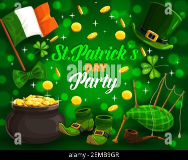 Les attributs de fête et de fête de Patrick sur le vert. Drapeau vectoriel de l'Irlande, chapeau et chaussures de leprechauns, cornemuse et pipe à fumer. Pluie de pièces d'or Illustration de Vecteur