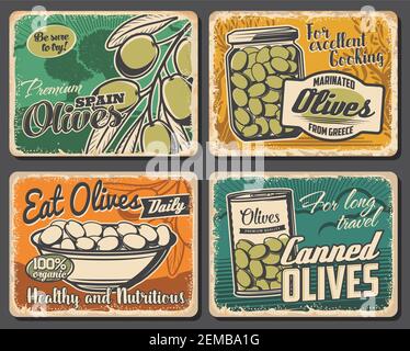 Ferme naturelle et en boîte olives vecteur affiches rétro. Fruits à olives vertes sur le brunch des arbres, servis dans un bol, marinées dans un pot en verre et boîte. Ferme naturelle Illustration de Vecteur