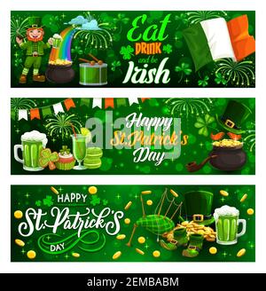 Mangez, buvez et soyez irlandais, fête de la Patricks jour. Messages d'accueil vectoriels et symboles verts irlandais. Leprechaun sur la pipe arc-en-ciel et de boire de la bière Illustration de Vecteur