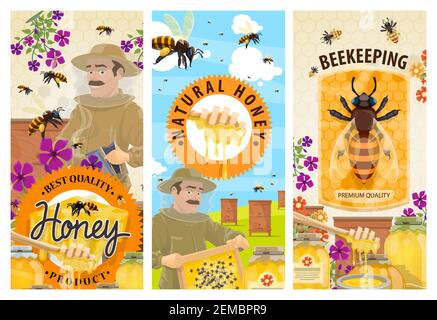 Banderoles de miel, d'abeille, de ruche et de apiculteur, nourriture de ferme d'apiculture vectorielle. Nid d'abeille, abeilles, ruches d'apiculture, fleurs et pots de miel, pollen jaune, trempette de bois Illustration de Vecteur