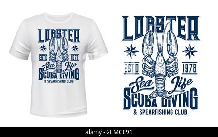 Maquette de maquette de t-shirt à imprimé animal de homard. Emblème avec illustration et typographie gravées de homard européen. Plongée sous-marine, pêche au fer de lance, sp Illustration de Vecteur