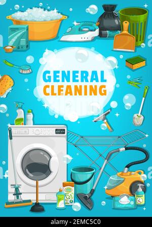 Outils de lavage, de ménage et de nettoyage, bannière vectorielle pour appareils électroménagers. Détergents pour le nettoyage, sac poubelle et bac en plastique, séchoir, savon en poudre, plung Illustration de Vecteur