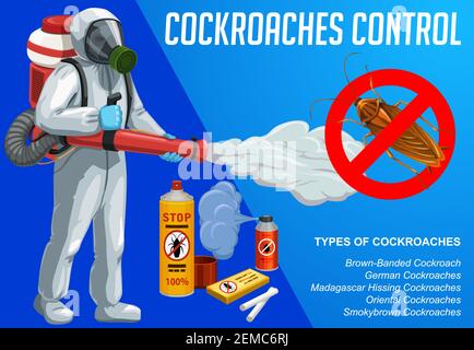 Contrôle de l'insecte de cafard avec la méthode de la buée froide. Agent vecteur de lutte antiparasitaire pulvérisant un insecticide avec un brumisateur. Exterminateur porter une protection chimique Illustration de Vecteur