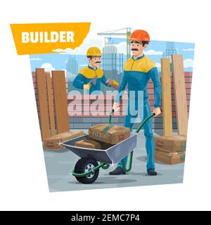 Ouvriers du constructeur, couche de briques ou maçon avec brouette. Vecteur. Couche de brickmayer dans un casque de protection travaillant sur le chantier, portant des sacs de ciment Illustration de Vecteur