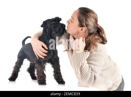 Schnauzer nain et woman in front of white background
