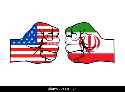 Drapeaux des Etats-Unis et de l'Iran sur le concept de vecteur de Fists, la guerre et la conception de conflits politiques. Mains avec des bannières nationales américaines et iraniennes, République islamique o Illustration de Vecteur