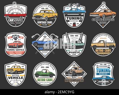 Icônes isolées de l'entretien des véhicules, du diagnostic et de la réparation des postes de garage. Vector voitures vintage Motor club, transport moteur réparation et t Illustration de Vecteur