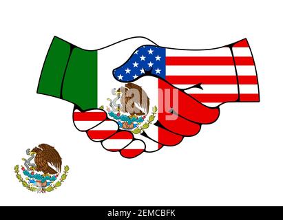 Poignée de main du partenariat entre le Mexique et les États-Unis. Symbole de vecteur d'accord commercial. Des drapeaux mexicains et américains se sont joints aux mains. Hommes d'affaires ou po Illustration de Vecteur