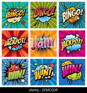 Bingo et gagner ensemble de vecteur de bulles de bande dessinée. Whoop heureux après jackpot, jeu de gagner ou atteindre la réalisation. Explosion de nuages avec étoiles et pop art t Illustration de Vecteur