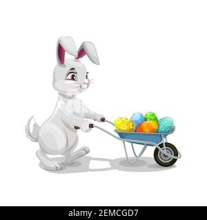 Lapin ou lapin portant la chasse aux œufs de Pâques brouette, fête religieuse de vacances d'éghunting. Animal de lièvre vecteur avec chariot plein d'oeufs peints colorés, k Illustration de Vecteur