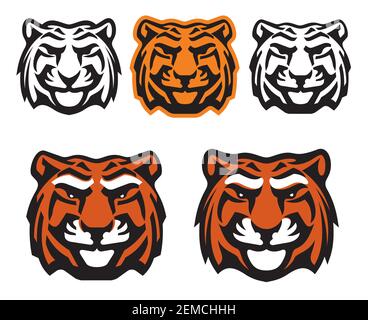 Icônes de vecteur de tête de tigre, mascotte sauvage de chat prédateur. Tigre du Bengale visage de chasse, sport et symbole du zoo, chat sauvage indien de mammifères carnivores avec Illustration de Vecteur
