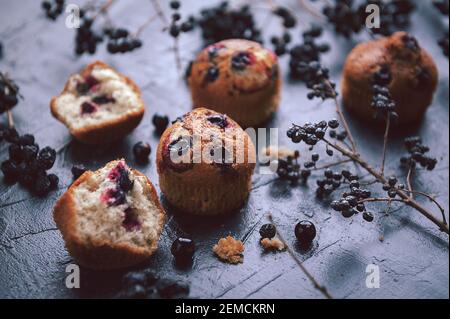 muffin aux raisins de corinthe sur fond sombre à côté des baies sur les branches. dans un style rustique. style sombre Banque D'Images