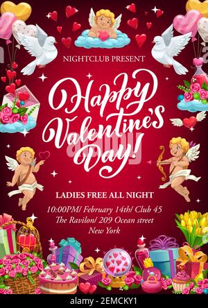 Saint Valentin vecteur d'invitation avec Cupids, coeur d'amour et cadeaux romantiques. Anneau, gâteau au chocolat et ballons, enveloppe de lettre d'amour, oiseau de colombe Illustration de Vecteur