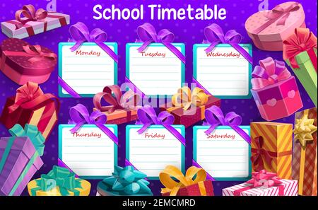 Calendrier scolaire avec boîtes cadeaux et rubans modèle vectoriel. Horaire avec plan hebdomadaire des leçons, horaire avec boîtes-cadeaux de différentes formes, prese enveloppée Illustration de Vecteur
