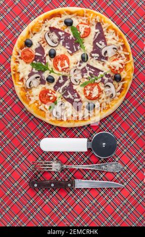 Pizza fraîche dans un style italien rustique avec des olives jerky champignons et trois sortes de fromage sur un bois clair arrière-plan Banque D'Images