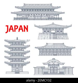 Temples japonais, sanctuaires et pagodes japonais, monuments architecturaux du bouddhisme de Kyoto. Monastère de l'est de Higashi Hongan-ji, Daigo-ji, pagode to-ji, Karam Illustration de Vecteur
