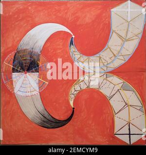 The Swan no 9 par Hilma af Klint - oeuvre abstraite de l'artiste-mystique suédois. Tourbillons et tourbillons sur fond rouge. Banque D'Images