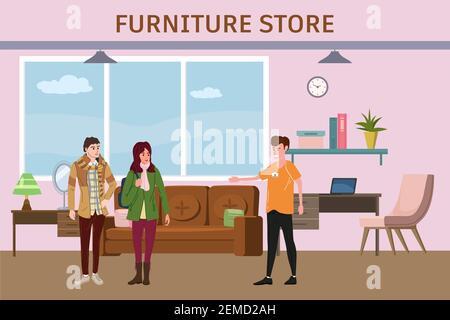Magasin de meubles intérieur commercial. Couple homme et femme et assistant acheteur. Canapé, chaises, fauteuils, étagère, plantes et décoration. Vecteur Illustration de Vecteur