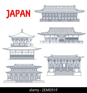 Bâtiments japonais, temples japonais, sanctuaires de pagode, monuments religieux de l'architecture de Kyoto. Ninna-ji, Pavillon d'argent Ginkaku ou temple Jisho-ji, Eikan Illustration de Vecteur