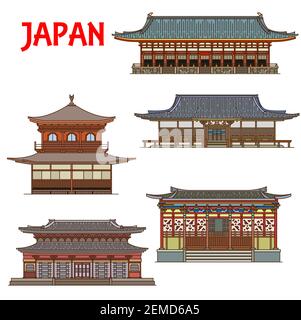 Temples japonais, bâtiments japonais, maisons de pagode architecture, vecteur Kyoto sites icônes. Japonais Ninna-ji, Jisho-ji, Eikan-do et Zenrin-ji templ Illustration de Vecteur