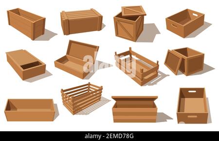 Boîtes en bois, colis vectoriels pour l'emballage de marchandises palettes isolées et conteneurs de transport vides. Tiroirs et caisses en bois, distribution de cargaison pac Illustration de Vecteur