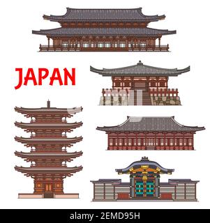 Temples japonais et pagodes de sanctuaire, monuments d'architecture du Japon, le bouddhisme vecteur monastères Shinto. Higashi Honganji, Daigo-ji, pagode Toji, Karamo Illustration de Vecteur