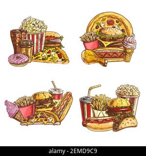 Croquis de restauration rapide à emporter. Tranche de pizza fastfood Vector, hot dog et tacos mexicains, cheeseburger, frites et crème glacée. Boissons gazeuses glacées gravées, Illustration de Vecteur