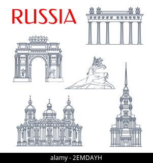 Saint-Pétersbourg Voyage monuments, Russie célèbre architecture et symboles touristiques. Monument Horseman de bronze vectoriel, cathédrale Pierre et Paul, Narv Illustration de Vecteur