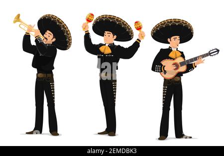 Groupe de musiciens mexicains Mariachi. Personnages vectoriels de dessins animés jouant sur des instruments de guitare, de trompette et de maracas. Groupe de musique latino dans le sombrero a mexicain Illustration de Vecteur