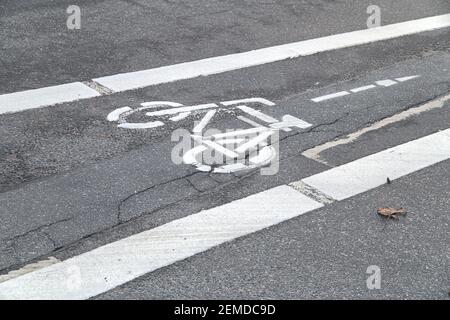 20 février 2021, Schleswig, le pictogramme d'un vélo sur une piste cyclable dans la Schleswiger Konigstrasse. L'asphalte sur lequel le pictogramme est appliqué a été fissuré par le gel sévère qui a prévalu récemment. | utilisation dans le monde entier Banque D'Images