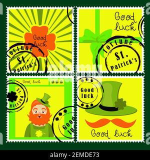 Timbres de la Saint-Patrick. Timbres-poste pour les lettres. Autocollants de Patrick. Bonne chance. Lettrage vectoriel dessiné à la main avec chapeau vert et shamrock. Fête de la bière Illustration de Vecteur