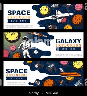 Galaxy explore, les astronautes et les navettes spatiales sont des bannières vectorielles. Expédition de la galaxie, exploration et aventure, satellites dans l'espace. Explication de l'univers Illustration de Vecteur