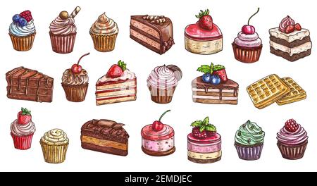 Gâteaux, cheesecakes et desserts sucreries croquis de cupcakes, icônes vectorielles. Boulangerie et pâtisserie gâteaux au chocolat sucré, pâtisserie à la main Illustration de Vecteur