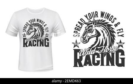 Modèle de maquette de t-shirt de course et d'équitation à motif de cheval et de stallion. Cheval sauvage ou mustang, tête de cheval de course avec illustration et typographe de la manie en développement Illustration de Vecteur