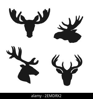 Silhouettes d'élans et de cerfs, animaux et icônes de vecteurs de chasse, cerfs et cerfs d'élans ou rennes et têtes de roe avec bois et cornes, chasse sauvage et wi Illustration de Vecteur