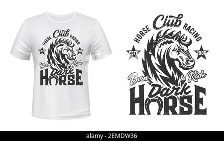 Imprimé t-shirt de sport équestre avec étalon de fer, mascotte de vecteur de course de chevaux. Lettre à motif animal monochrome et grillage avec fer à cheval sur le coup Illustration de Vecteur