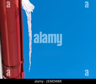 Une grande icule transparente est suspendue contre un ciel bleu clair d'un drainpipe rouge en hiver à la veille de ressort Banque D'Images