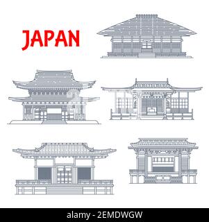 Bâtiments japonais, temples japonais, maisons et pagodes, sites d'architecture de Kamakura Kanagawa. Fugenzan Meigetsu-in, Seiblake-in et Jomyo-ji templ Illustration de Vecteur